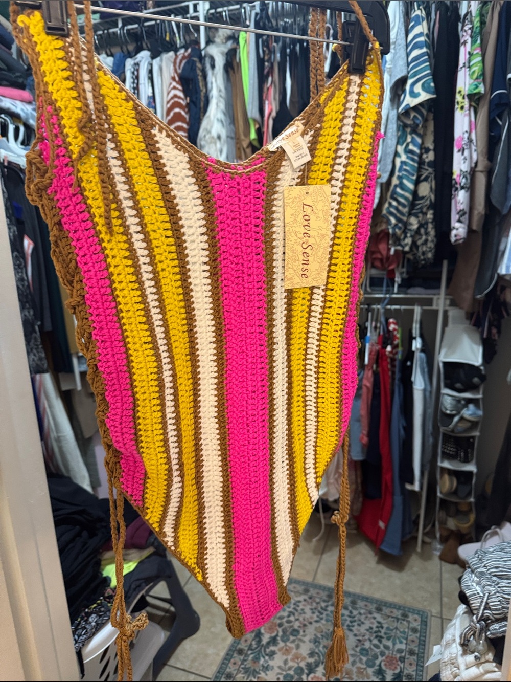 Crochet Striped One-Piece Bikini in Pink, Yellow & Brown - Picture 2 of 3
